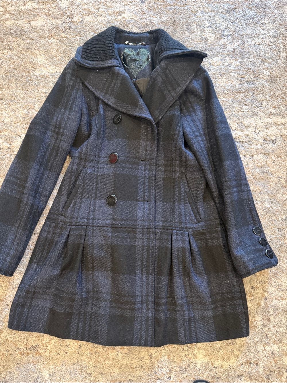 Guess Black and Navy Plaid Wool-Blend Peacoat